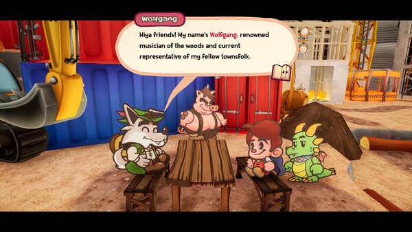 Wolfgang, is sitting across from Flynt and Tinder as a pig character stands in the background. Wolfgang is introducing himself to Flynt and Tinder.