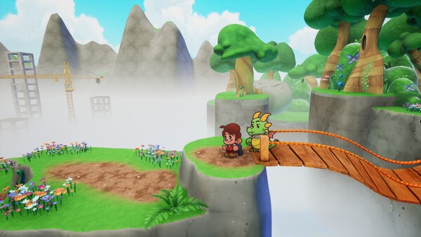 Flynt and Tinder are standing at the edge of a bridge, A construction area is seen in the background covered in fog and a forest area is to the right